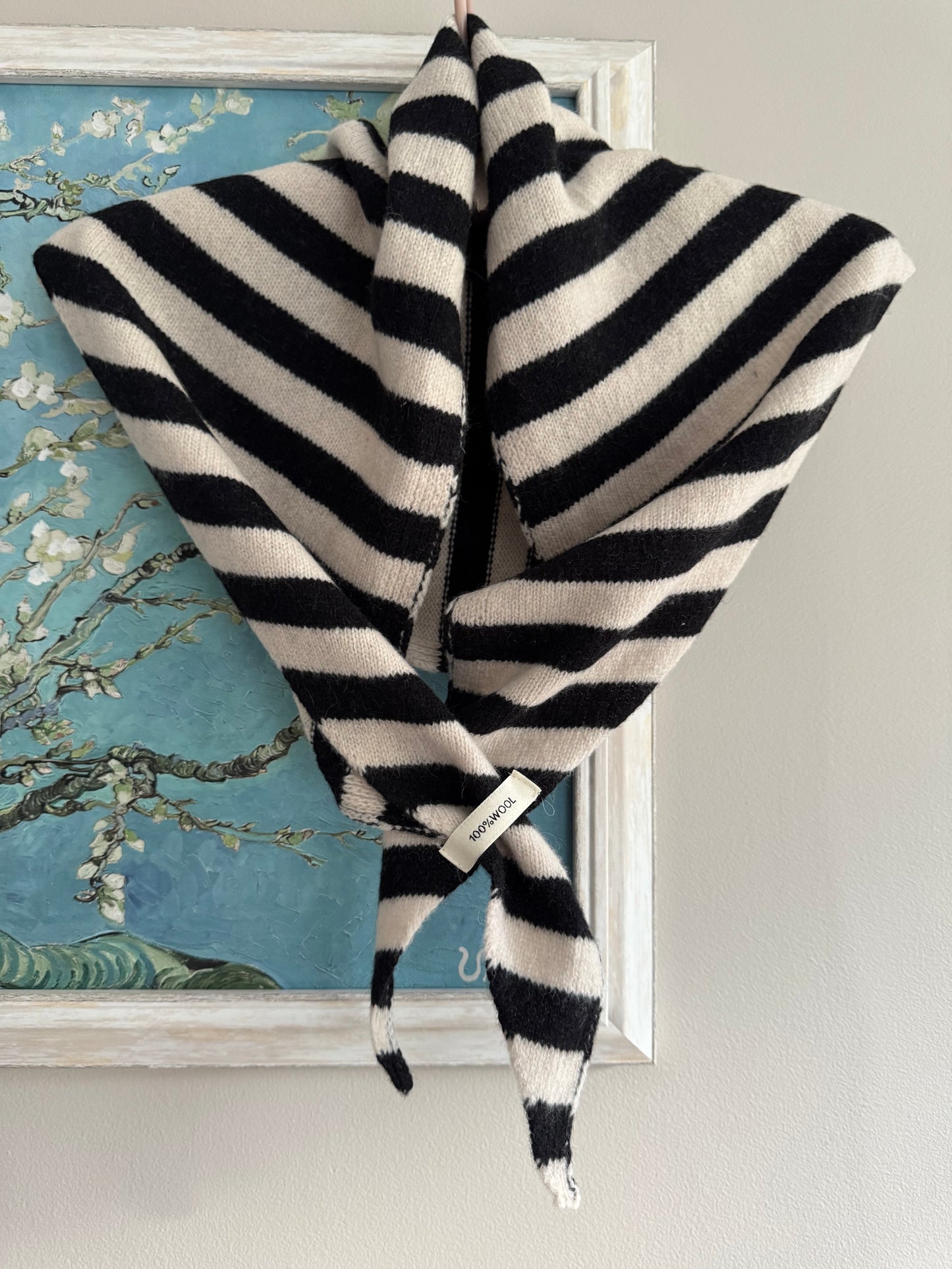 Pure Wool Knit Triangle Scarf - Striped Black / Cream