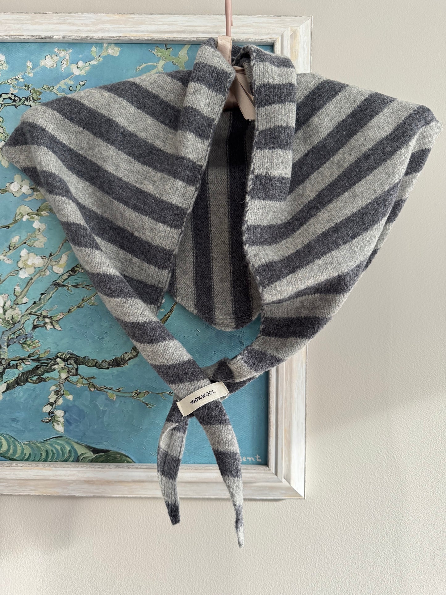 Pure Wool Knit Triangle Scarf - Striped Grey