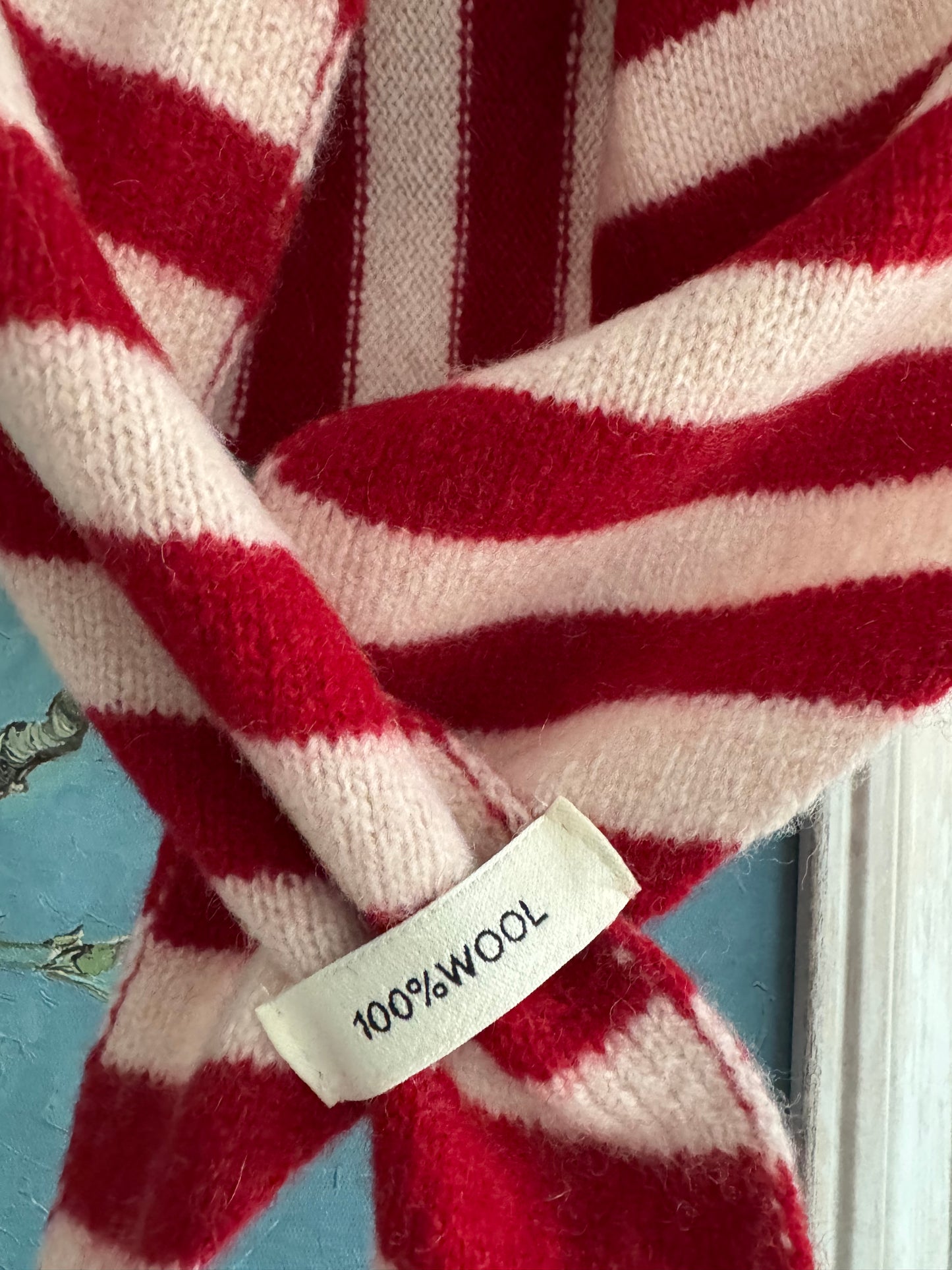 Pure Wool Knit Triangle Scarf - Striped Red / Cream