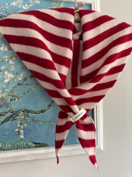 Pure Wool Knit Triangle Scarf - Striped Red / Cream