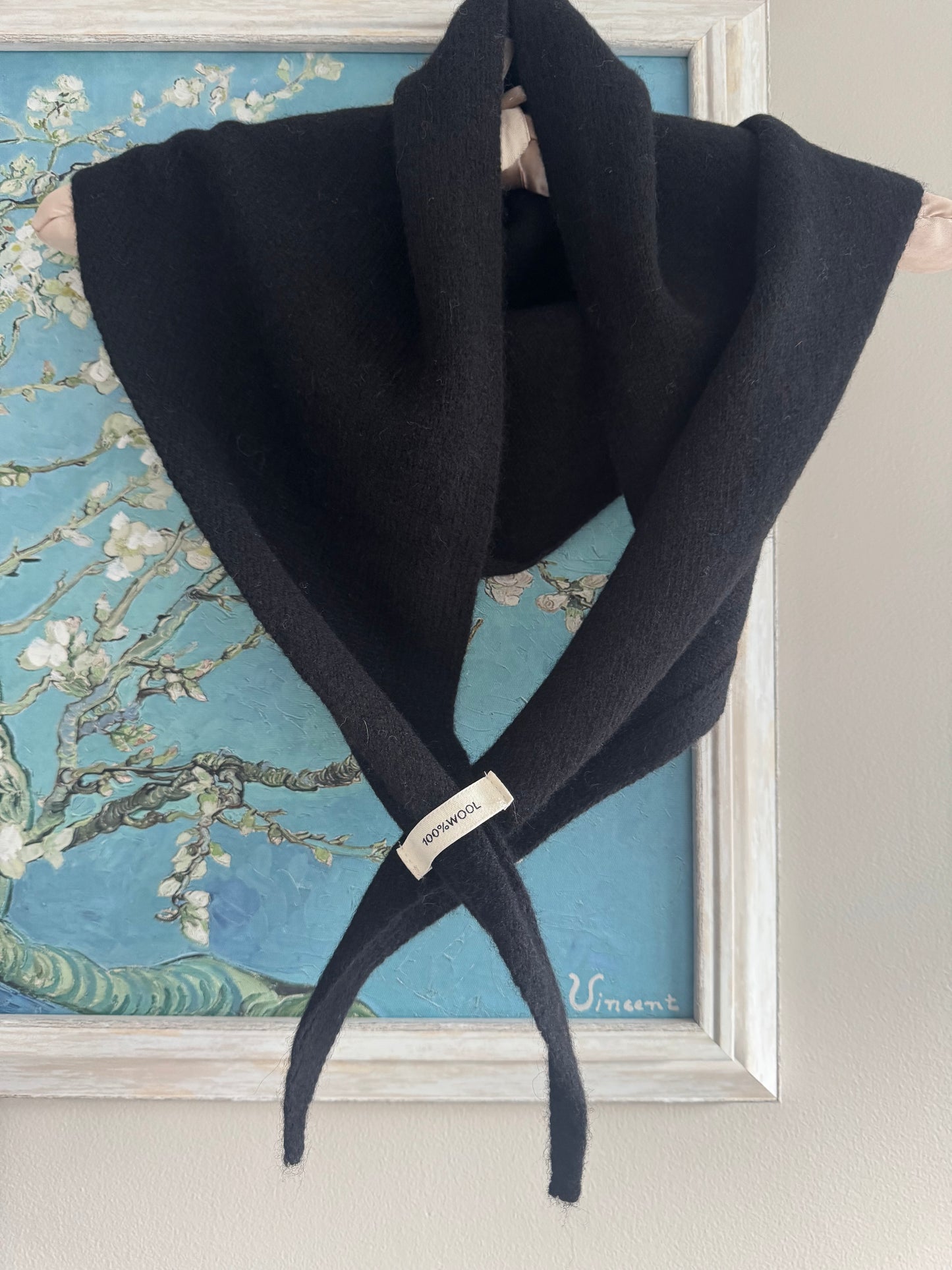 Pure Wool Knit Triangle Scarf - Black