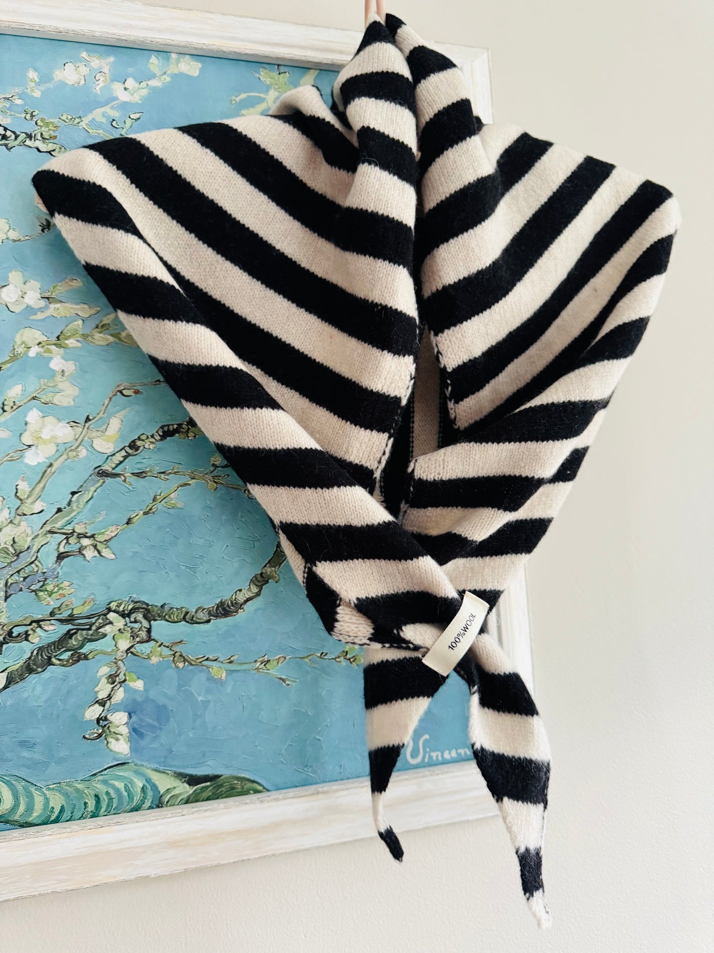 Pure Wool Knit Triangle Scarf - Striped Black / Cream