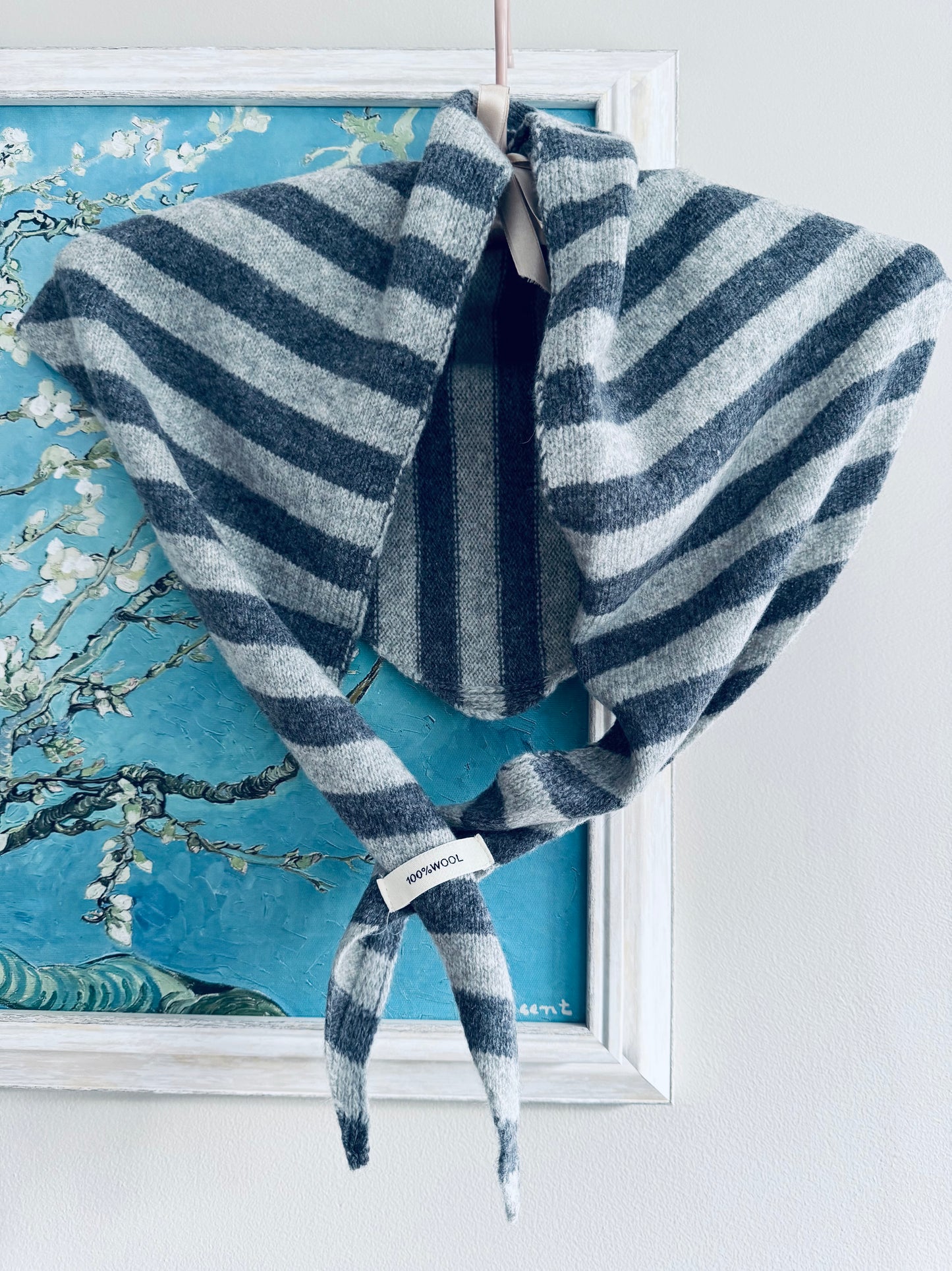 Pure Wool Knit Triangle Scarf - Striped Grey