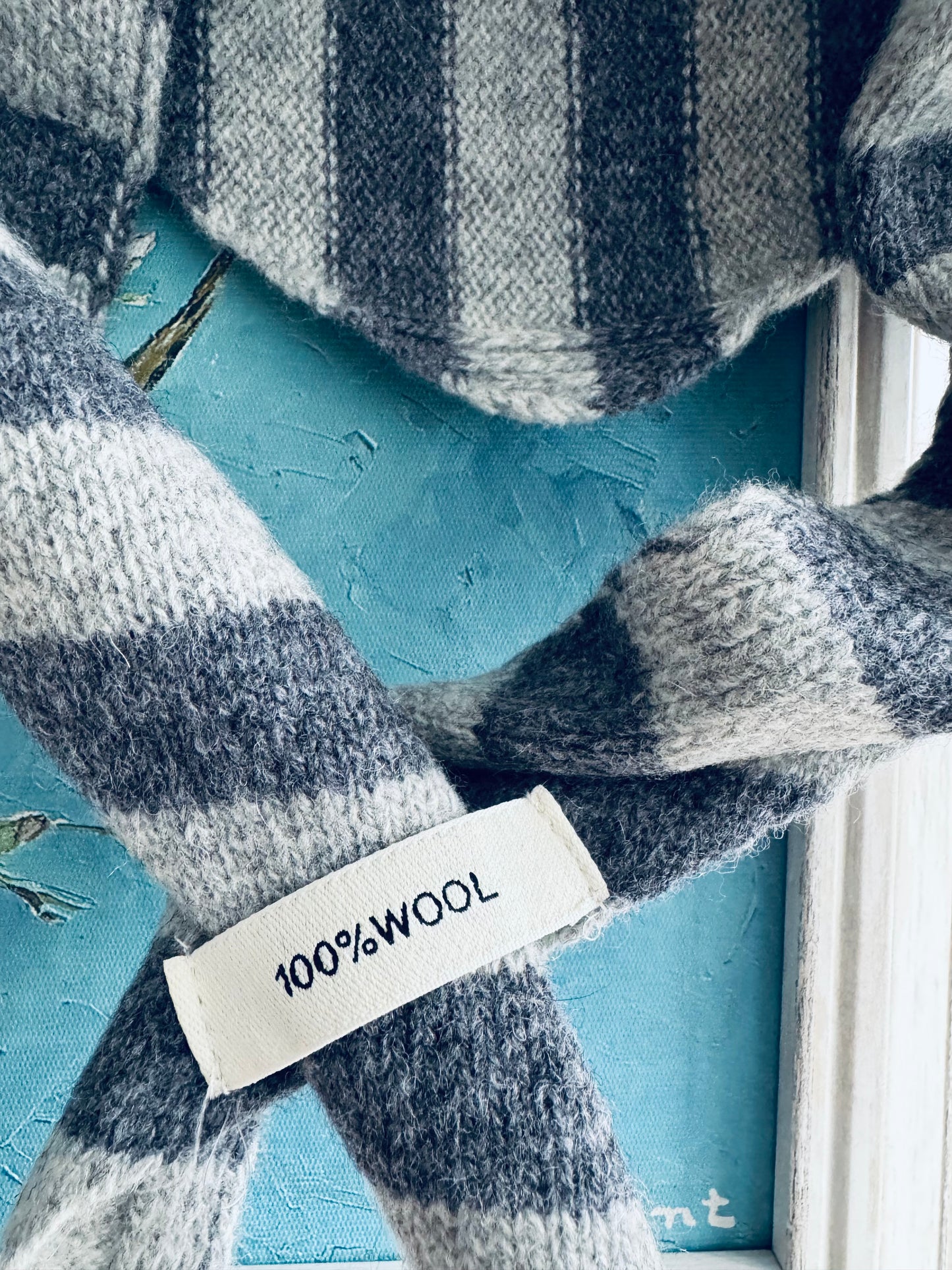 Pure Wool Knit Triangle Scarf - Striped Grey