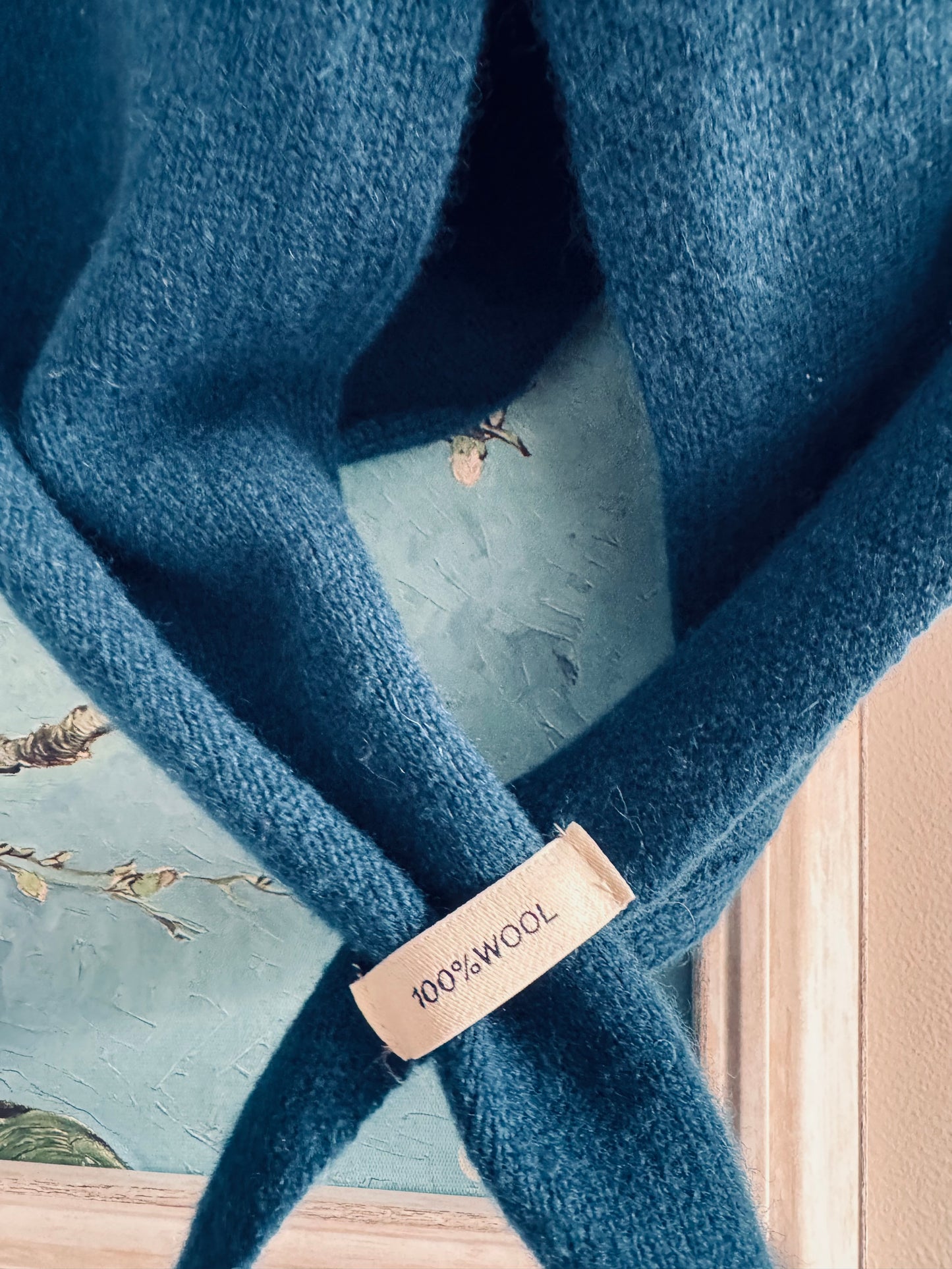 Pure Wool Knit Triangle Scarf - Teal Blue