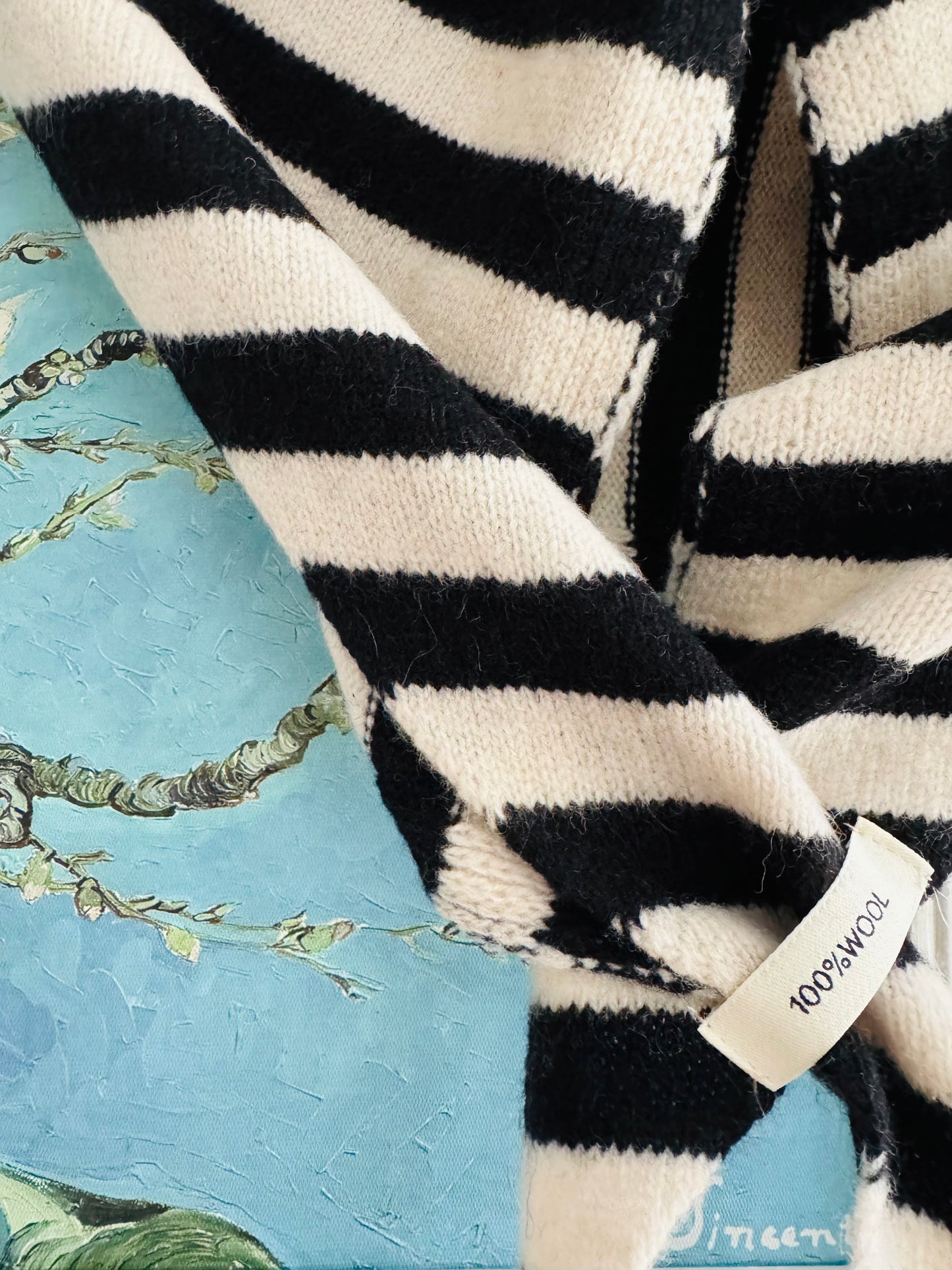 Pure Wool Knit Triangle Scarf - Striped Black / Cream