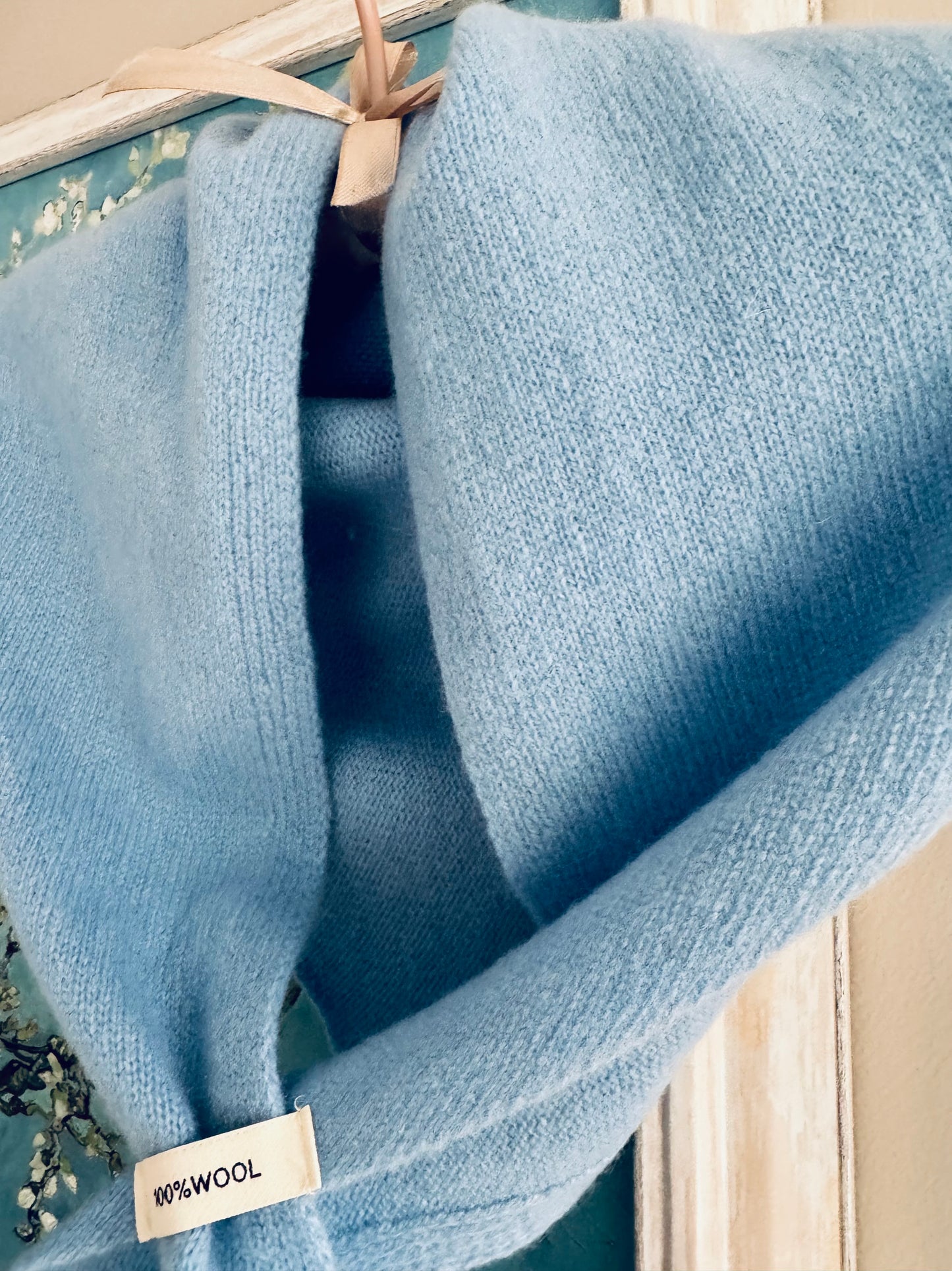 Pure Wool Knit Triangle Scarf - Pale Blue