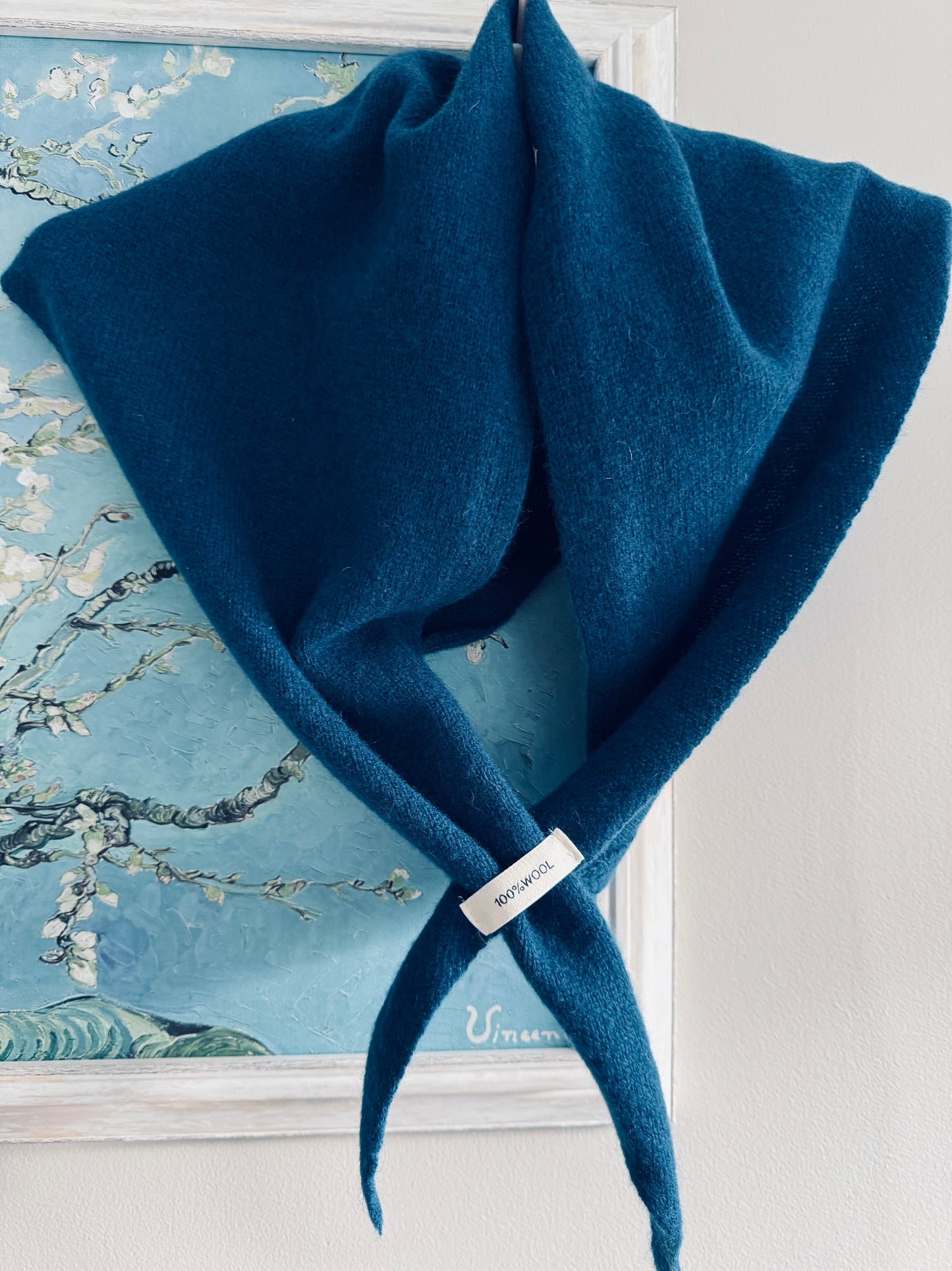 Pure Wool Knit Triangle Scarf - Teal Blue