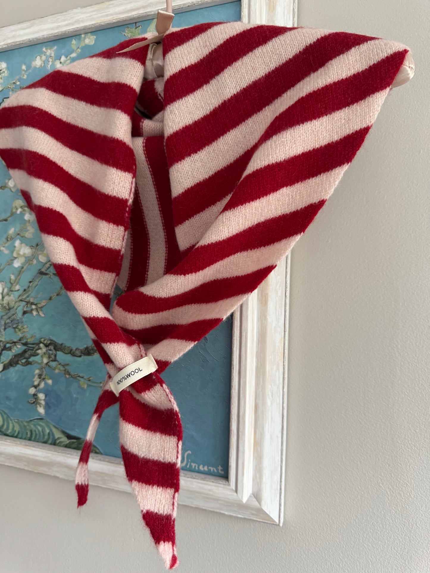 Pure Wool Knit Triangle Scarf - Striped Red / Cream