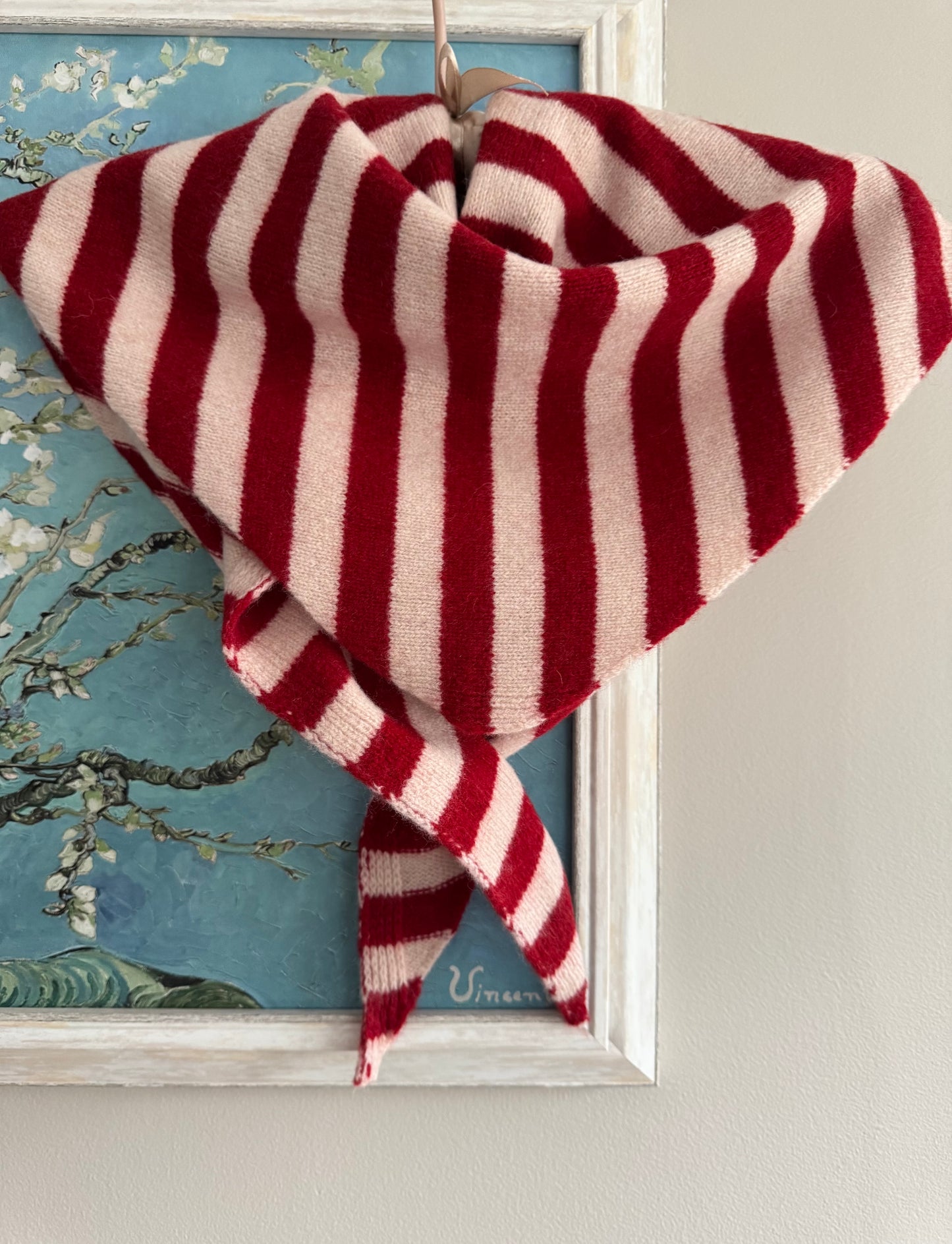 Pure Wool Knit Triangle Scarf - Striped Red / Cream