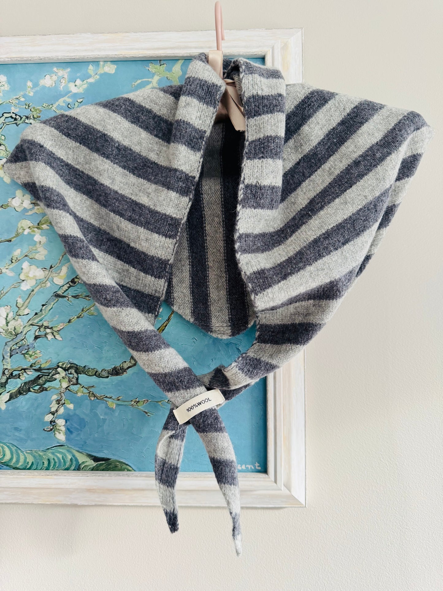 Pure Wool Knit Triangle Scarf - Striped Grey