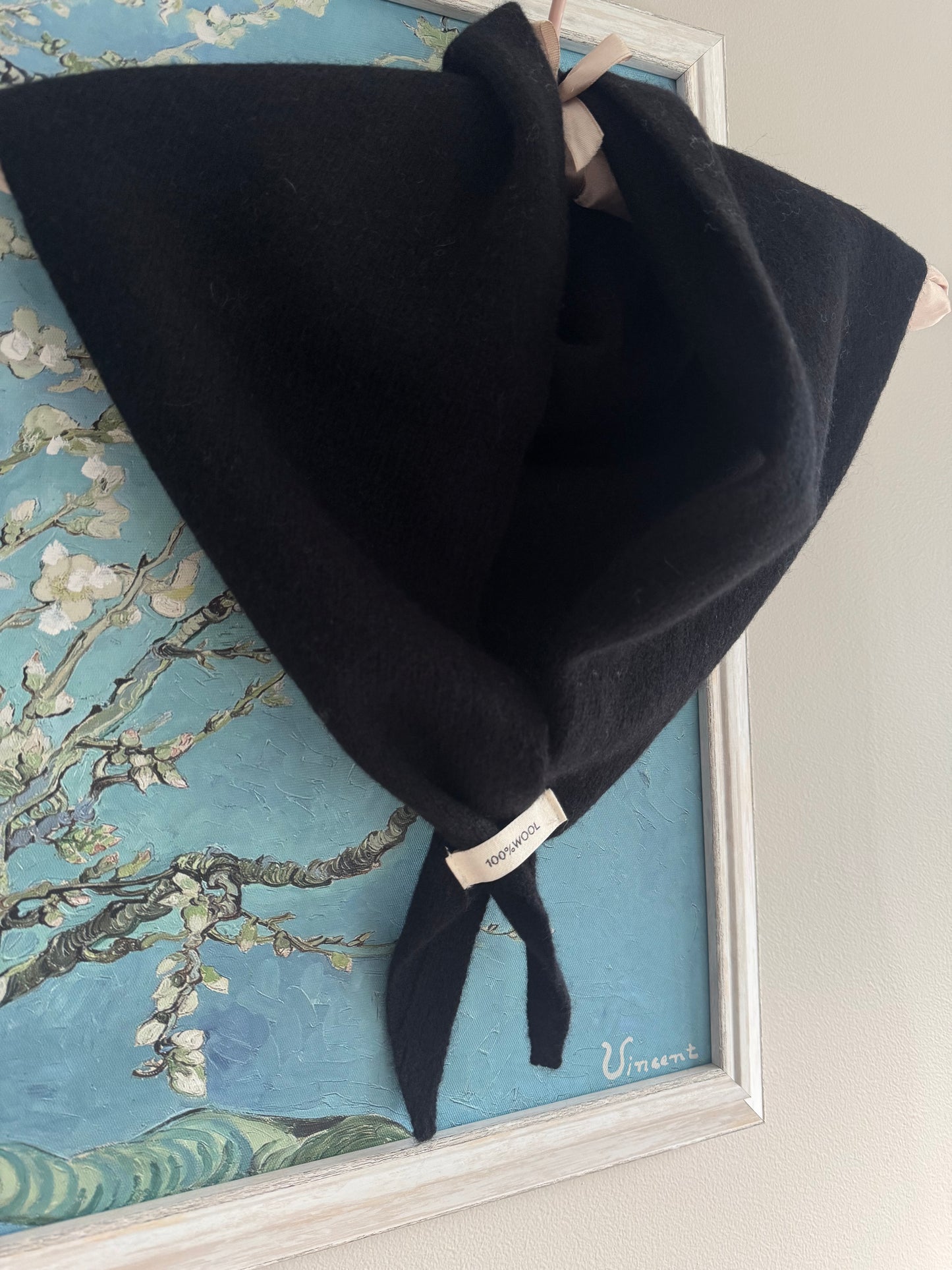 Pure Wool Knit Triangle Scarf - Black