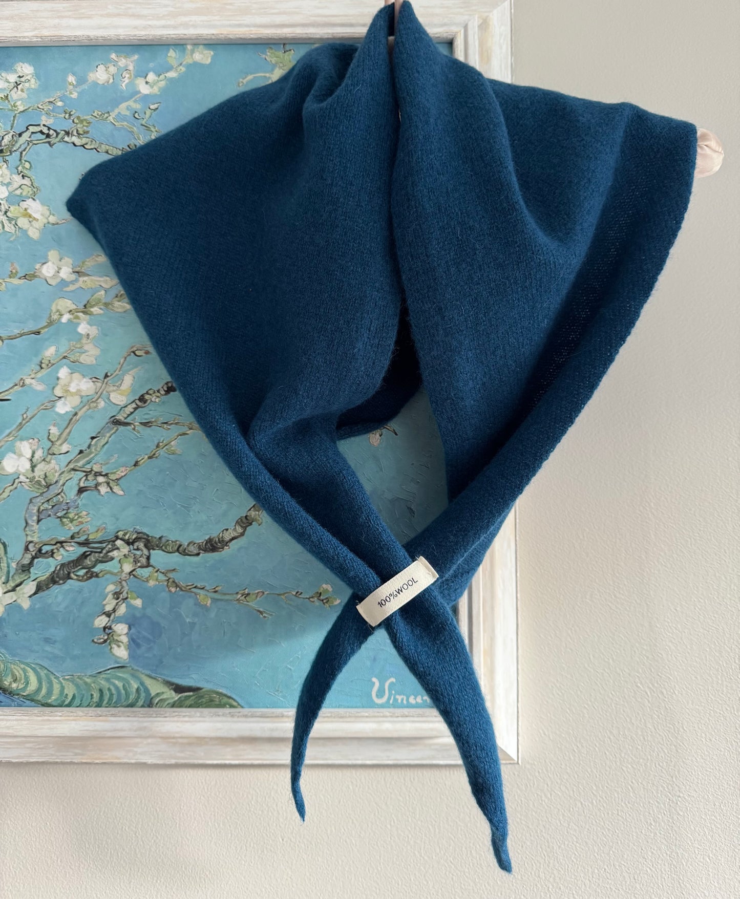Pure Wool Knit Triangle Scarf - Teal Blue