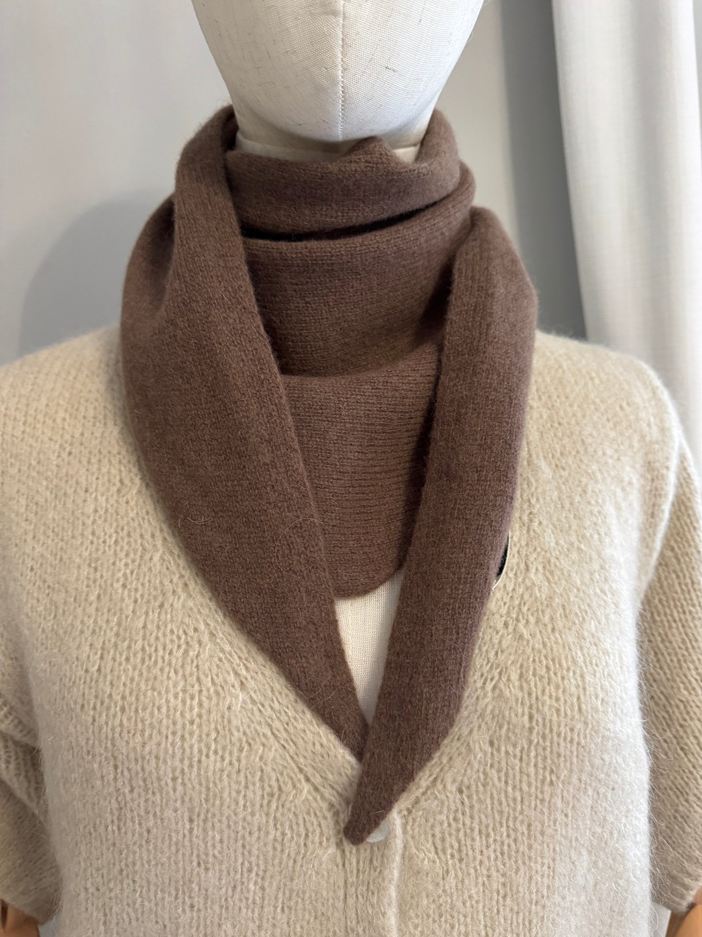 Pure Wool Knit Triangle Scarf - Brown