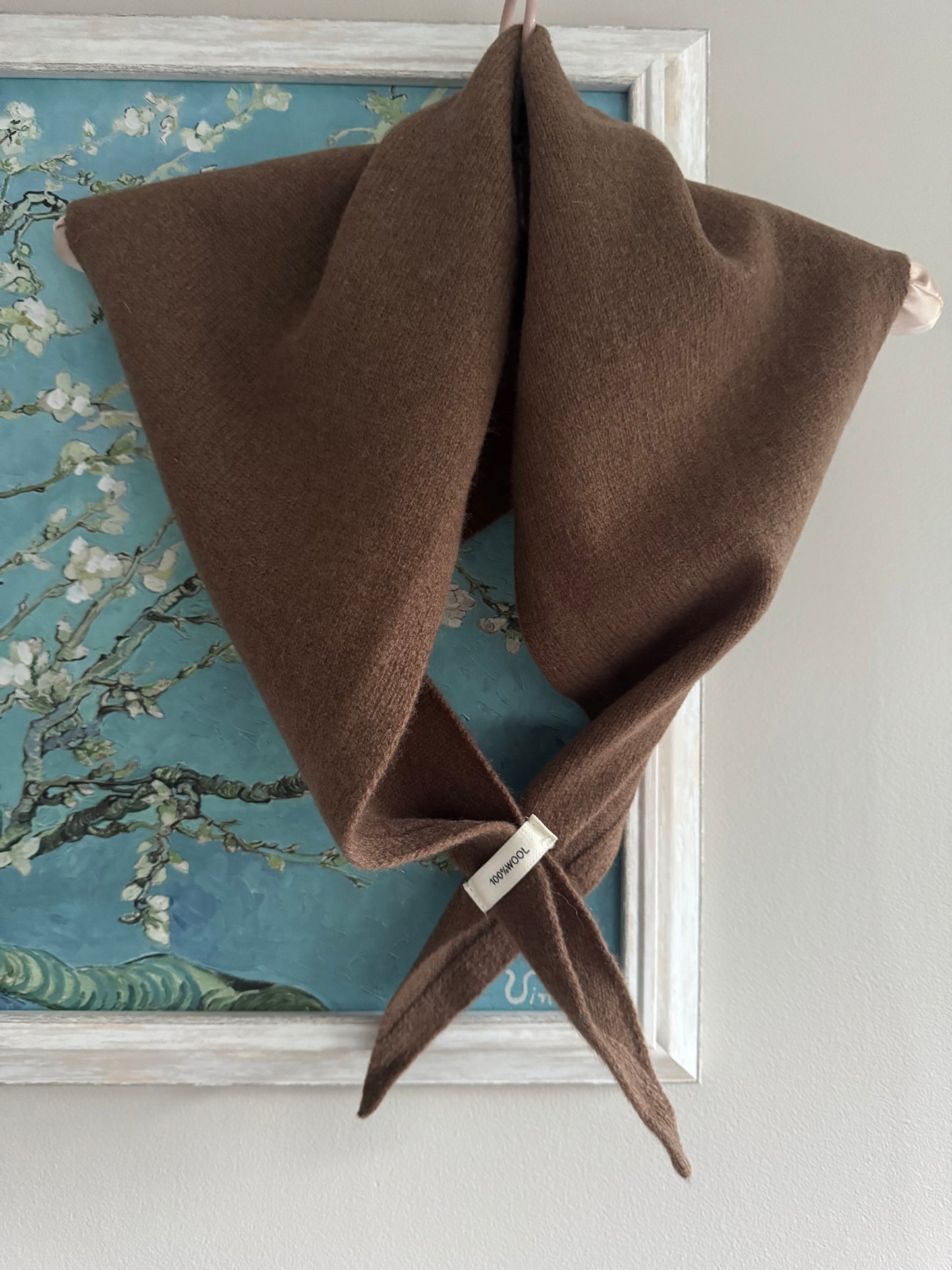 Pure Wool Knit Triangle Scarf - Brown