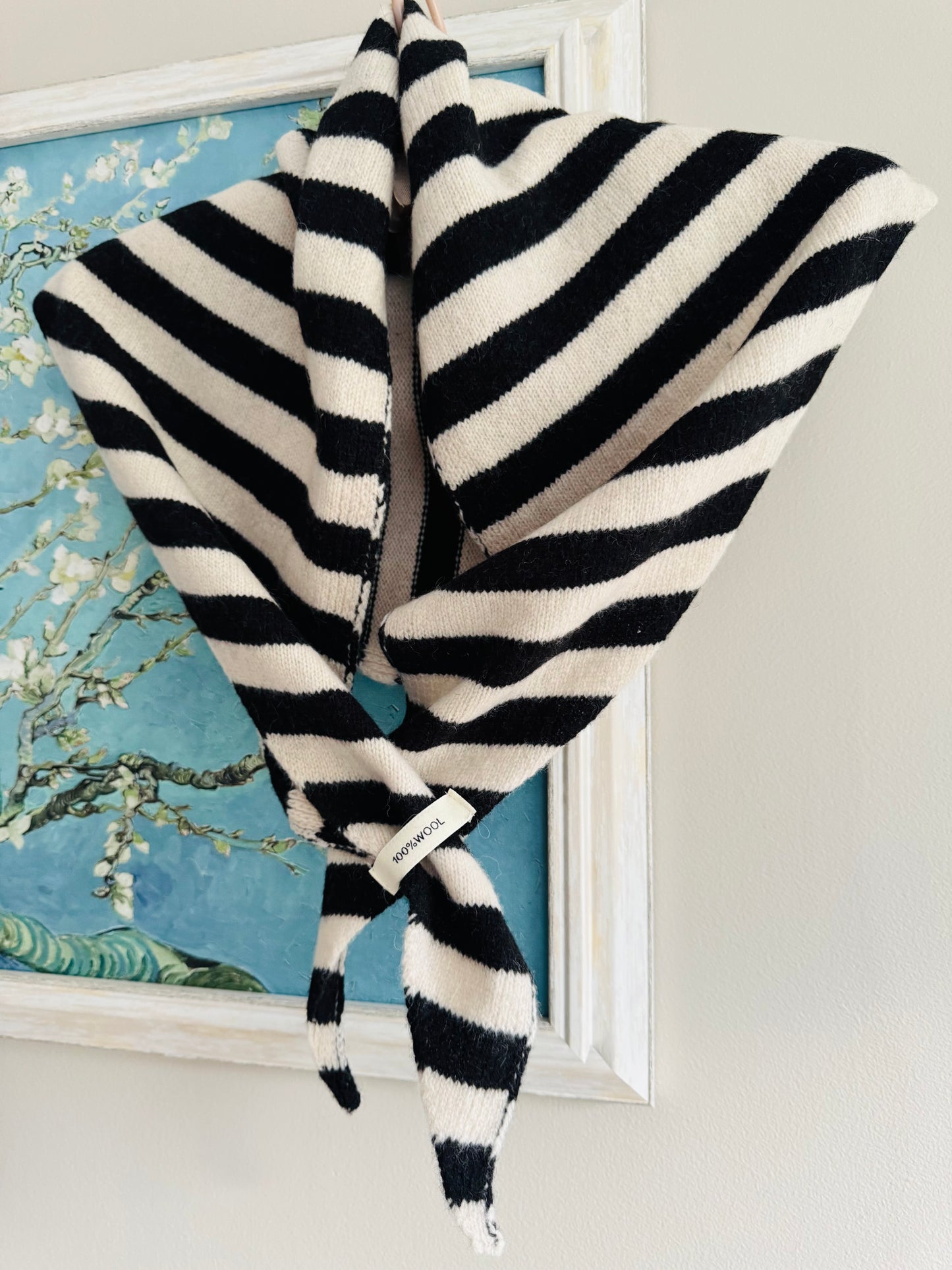 Pure Wool Knit Triangle Scarf - Striped Black / Cream