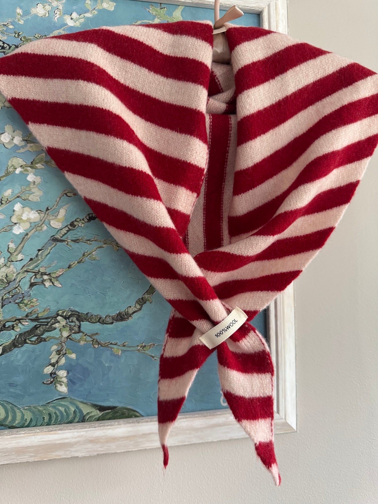 Pure Wool Knit Triangle Scarf - Striped Red / Cream