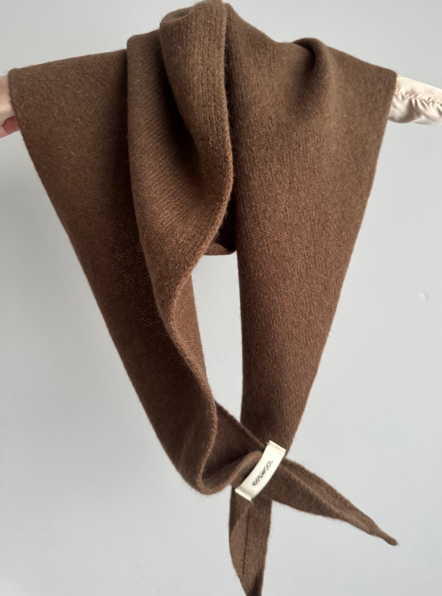 Pure Wool Knit Triangle Scarf - Brown