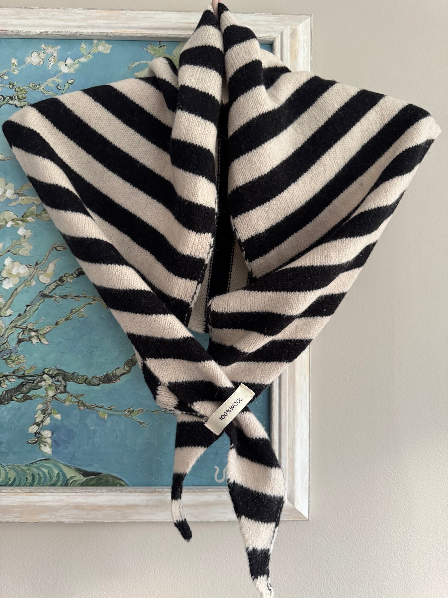 Pure Wool Knit Triangle Scarf - Striped Black / Cream