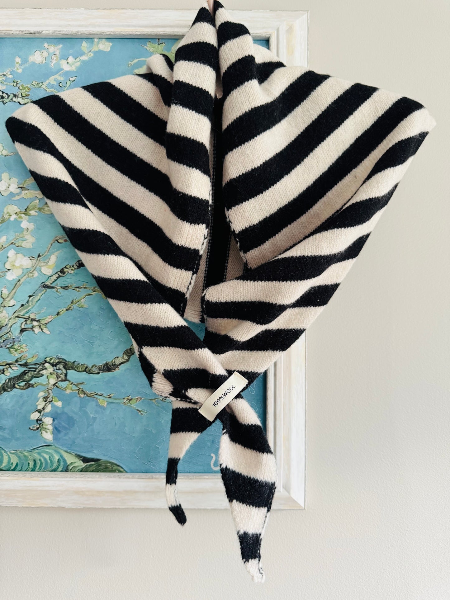 Pure Wool Knit Triangle Scarf - Striped Black / Cream