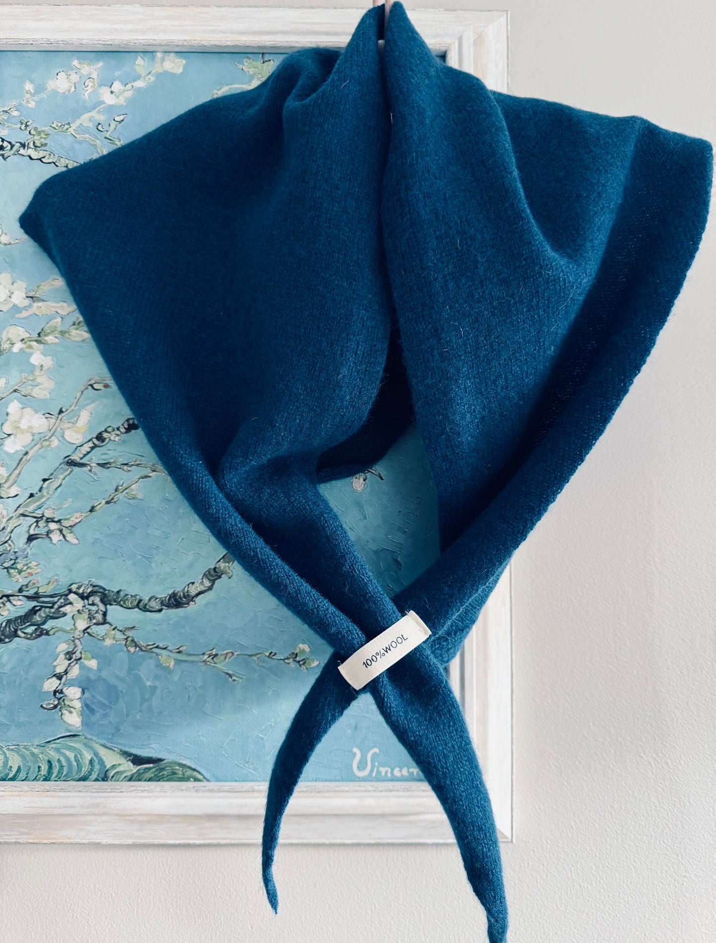 Pure Wool Knit Triangle Scarf - Teal Blue