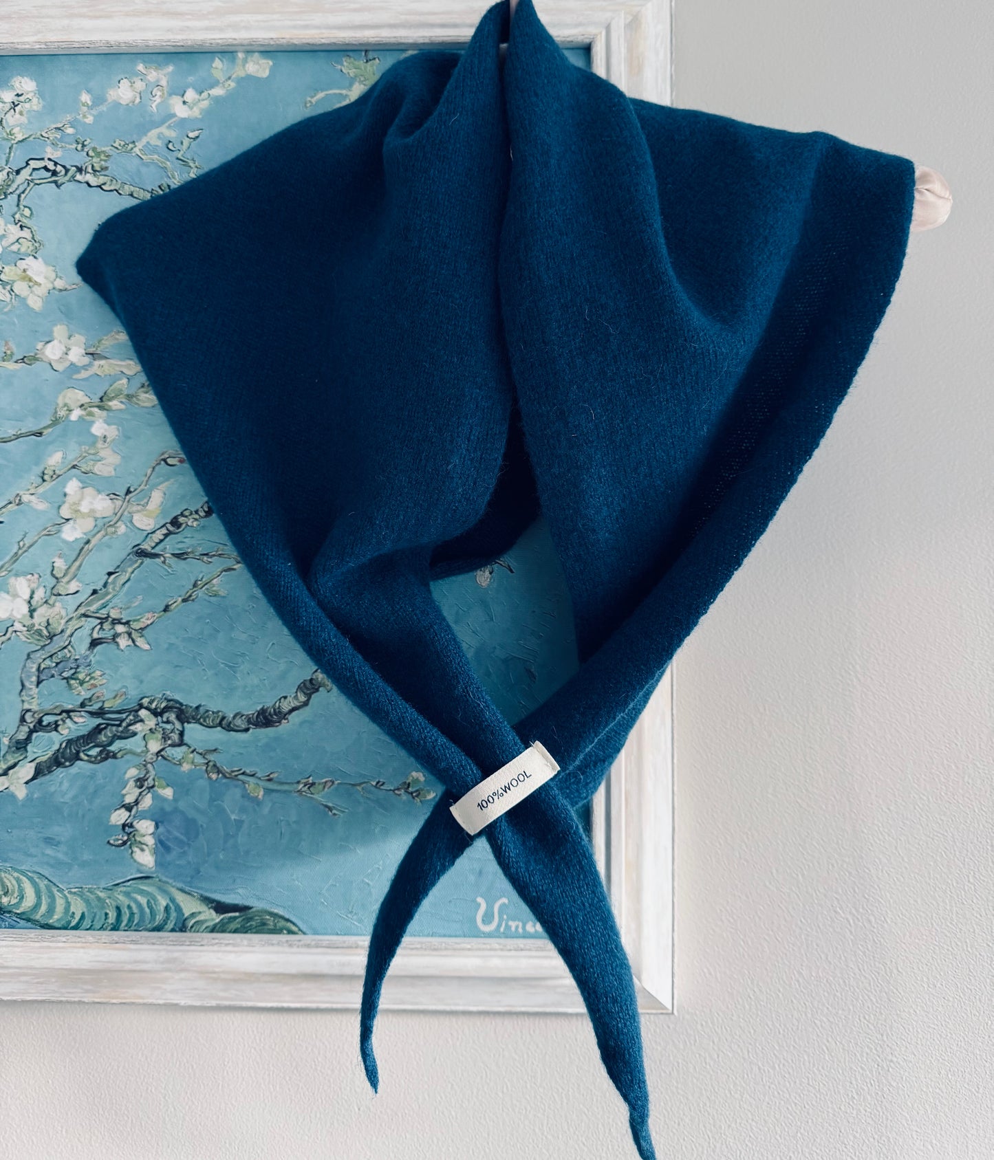 Pure Wool Knit Triangle Scarf - Teal Blue