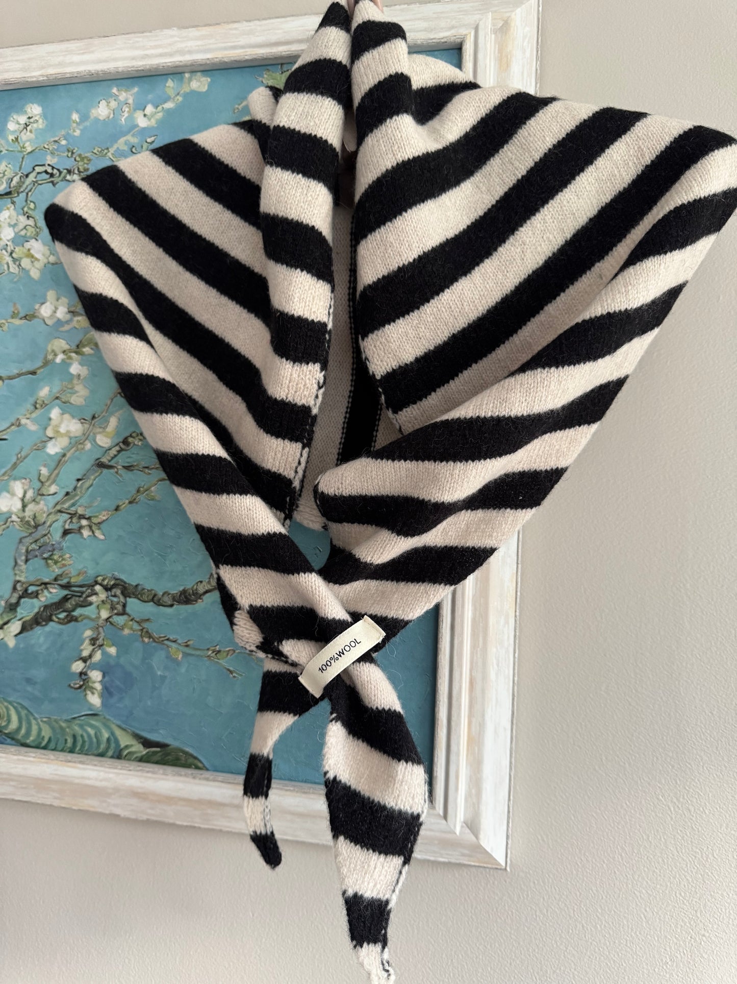 Pure Wool Knit Triangle Scarf - Striped Black / Cream