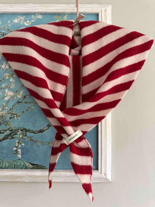 Pure Wool Knit Triangle Scarf - Striped Red / Cream